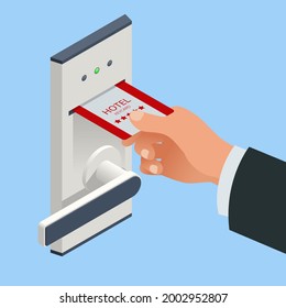 Access control and management system for hotels. Isometric wireless door lock with proximity card in hand.