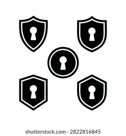 Access control and multi-layered security icon set. Features four shield icons with keyholes surrounding a central circular badge with a keyhole.