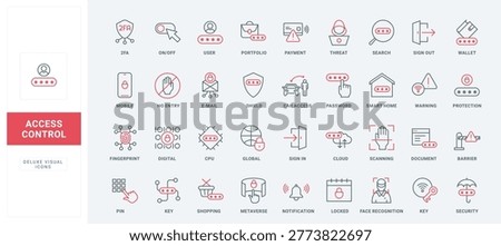Access control, password protection, biometric authentication, cybersecurity interface, secure login, smart home safety red black line icons set vector illustration