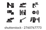 Access control security icons set: keycard entry, fingerprint scan, gate barrier