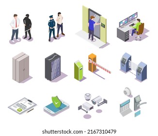 Access Control System Isometric 3d Vector Set. Home Or Office Surveillance, Police Security Guard And Electronic Checkpoint , Mobile Phone App Software, Safety Box Illustration