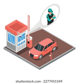 Access control system isometric composition with isolated view of entry check point with car and turnpike vector illustration