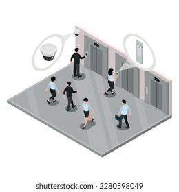 Access control system isometric composition with isolated view of workers in elevator lobby with cctv cameras vector illustration