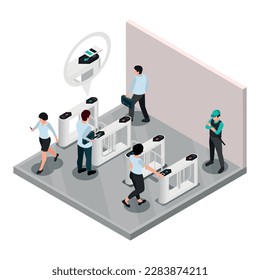 Access control system isometric composition with isolated indoor scenery and set of turngates with passing workers vector illustration
