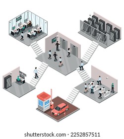 Access control system isometric set with isolated view of rooms with security guides and office workers vector illustration