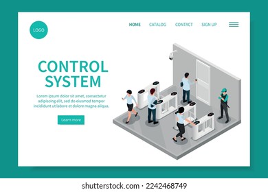 Access control system isometric web site landing page with clickable buttons text links office entry image vector illustration