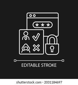 Access Control White Linear Icon For Dark Theme. Authorization. Prevent Unauthorized Operations. Thin Line Customizable Illustration. Isolated Vector Contour Symbol For Night Mode. Editable Stroke