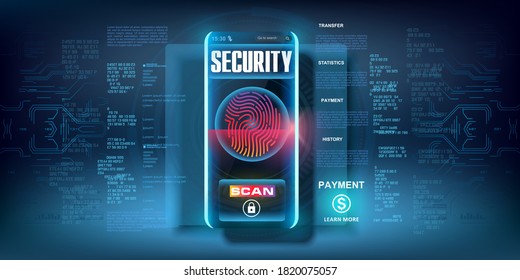 Access to data through a fingerprint. Data protection on your mobile device. Data protection code. Touch Scanning Fingerprint on Smartphone. Concept banner