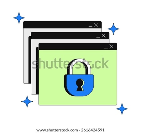 Access denied 2D onboarding ui illustration. Security, privacy, user data protection. Sparkles browser windows popups with padlock cartoon concept isolated on white. Flat abstract vector metaphor