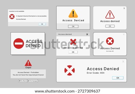 Access Denied and Error 404 alert windows. Minimalist system warning and security notification set. Featuring minimalist warning icons and system alert messages for web interface, cybersecurity, and restricted software permissions.