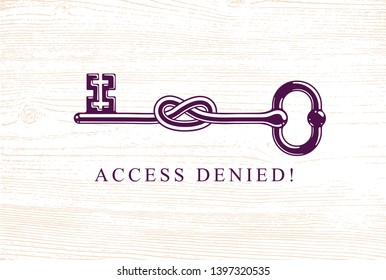 Access Denied, Knotted key allegorical symbol, vintage antique turnkey in a knot, blocked account, personal data protection, hacker and fraud attack, vector logo.
