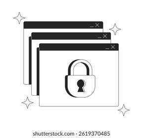 Access denied line onboarding ui illustration. Security, privacy, user data protection. Sparkles browser windows popups with padlock outline 2D concept isolated. Ink linear metaphor vector art