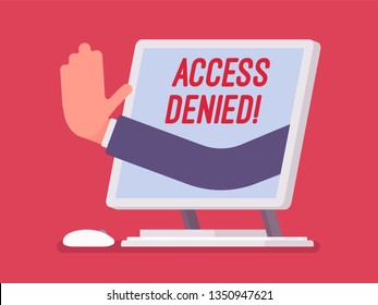 Access denied sign on monoblock screen. Hand from device showing user does not have permission to file, system refuses password and entry to computer data, error with red signal. Vector illustration
