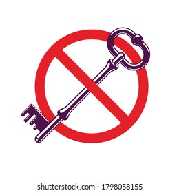 Access Denied, turnkey key allegorical symbol, vintage antique turnkey crossed out with round sign, blocked account, personal data protection, hacker and fraud attack, vector logo.