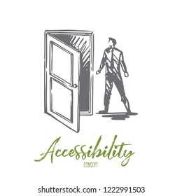 Access, door, open, enter, business concept. Hand drawn man near open door concept sketch. Isolated vector illustration.