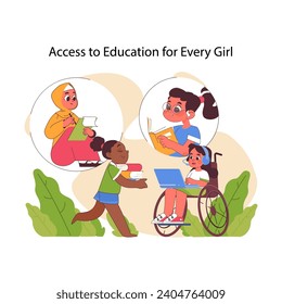 Access to education for every girl concept. Diverse girls studying, one in wheelchair with laptop, others reading and interacting. Inclusivity and equal opportunities. Flat vector illustration