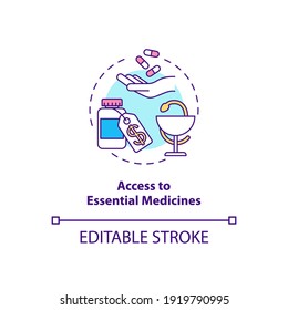 Access to essential medicines concept icon. Top international health programs. Opportunity for proper treatment idea thin line illustration. Vector isolated outline RGB color drawing. Editable stroke