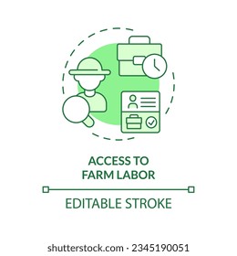 Access to farm labor green concept icon. Peak season. Migrant worker. Agriculture industry. Workforce management. Round shape line illustration. Abstract idea. Graphic design. Easy to use