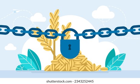 Access to grain is closed. Seizure of the wheat harvest. A pile of grain and an ear of corn behind a chain with a closed lock. The problem of food access to poor countries. Vector illustration