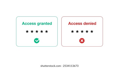 Zugriff gewährt und verweigert. Pop-up-Fenster mit Sicherheitswarnung und Hacker-Angriff Prävention, Überwachung und Hacker-Schutz. Vektorgrafik