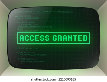 Access granted. Old display showing stages of hacking in progress. Vector illustration