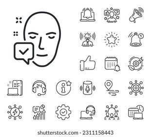 Access granted sign. Place location, technology and smart speaker outline icons. Face accepted line icon. Facial identification success symbol. Face accepted line sign. Vector
