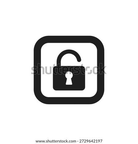 Access granted symbol for security settings, open lock vector design, digital permission sign, black flat interface