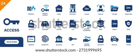 Access icon. Including key, access control, data, device, remote access, cybersecurity, security. Solid vector icons collection.