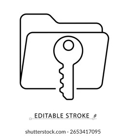 Un icono de acceso en estilo minimalista con trazo editable. Carpeta con clave, datos seguros, permiso de archivo, almacenamiento privado, protección digital, sistema confidencial, Ilustración vectorial de esquema.
