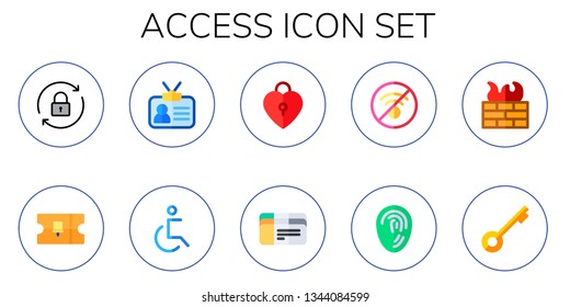 access icon set. 10 flat access icons.  Simple modern icons about  - padlock, ticket, id card, handicap, tickets, no wifi, fingerprint, firewall, key