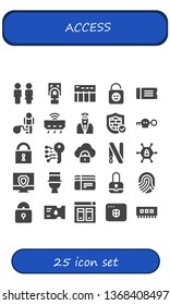 access icon set. 25 filled access icons.  Simple modern icons about  - Toilet, Fingerprint scan, Data table, Lock, Ticket, Restriction, Router, Security, Firewall, Key, Electronic key