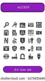 access icon set. 25 filled access icons. Included Key, Keys, Identification, Tickets, Access, Public toilet, Fingerprint, Padlock, Firewall, Ticket, Key ring, Disability icons