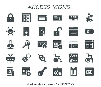 access icon set. 30 filled access icons. Included Lock, Double door, Ticket, Ram, Disability, Vpn, Locked, Unlock, Web, Padlock, Keys, Firewall, Tickets, Website, Router icons