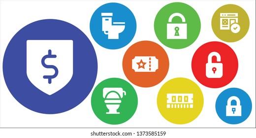 access icon set. 9 filled access icons.  Collection Of - Protection, Toilet, Lock, Ram, Ticket, Unlock, Web, Padlock