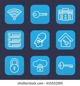 Access icon. set of 9 outline access icons such as lock, home key, key, home key tag, wi-fi, cloud protection
