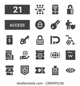 access icon set. Collection of 21 filled access icons included Eye scan, Ticket, Security, Domain, Internet, Data protection, Password, Wheelchair, Lock, Padlock, Key, Protection