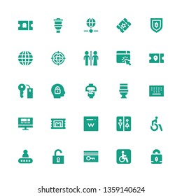 access icon set. Collection of 25 filled access icons included Padlock, Disability, Key card, Unlock, Password, Disabled, Restroom, Domain, Ticket, Website, Keypad, Toilet, Handle