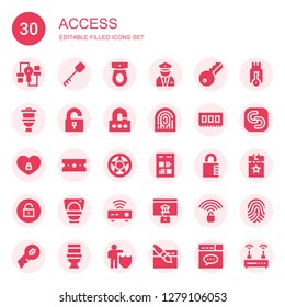 access icon set. Collection of 30 filled access icons included Secure, Key, Toilet, Security, Unlock, Lock, Fingerprint, Ram, Padlock, Ticket, Data protection, Web, Router, Password