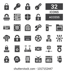 access icon set. Collection of 32 filled access icons included Wireless, Website, Identity, Boarding pass, Lock, Padlock, Toilet, Internet, Ticket, Router, Password, Security