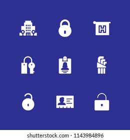 access icon set. open padlock, hotel and id card vector icon for graphic design and web