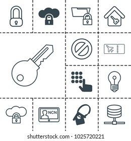 Access icons. set of 13 editable filled and outline access icons such as hand on atm, cloud protection, home key tag, lock, keyhole, server, folder protection, prohibited