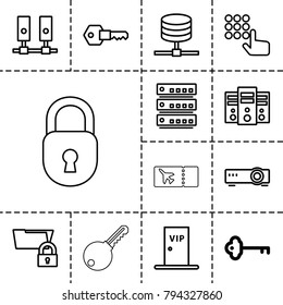 Access icons. set of 13 editable outline access icons such as key, hand on atm, server, folder protection, vip door, router, ticket
