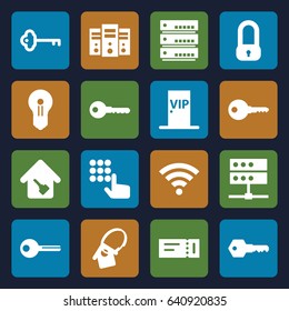 Access icons set. set of 16 access filled icons such as ticket, key, home key, home key tag, vip door, wi-fi, keyhole, lock, hand on atm