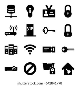 Access icons set. set of 16 access filled icons such as ticket, lock, badge, home key, key, vip door, router, wi-fi, keyhole, server, folder protection