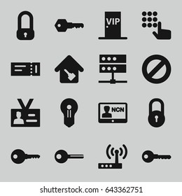 Access icons set. set of 16 access filled icons such as ticket, lock, key, badge, home key, vip door, router, keyhole, hand on atm, server