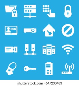 Access icons set. set of 16 access filled icons such as ticket, lock, key, home key, home key tag, wi-fi, badge, router, hand on atm, server, folder protection