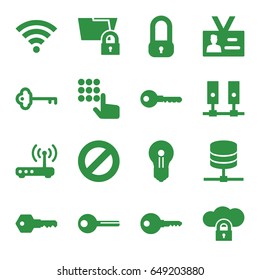 Access icons set. set of 16 access filled icons such as key, badge, router, wi-fi, keyhole, lock, hand on atm, server, cloud protection, folder protection