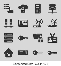 Access icons set. set of 16 access filled icons such as ticket, key, badge, home key, router, hand on atm, server, cloud protection