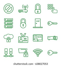 Access icons set. set of 16 access outline icons such as lock, key, badge, vip door, router, wi-fi, hand on atm, server, cloud protection, folder protection