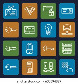 Access icons set. set of 16 access outline icons such as ticket, badge, key, wi-fi, lock, hand on atm, server, folder protection